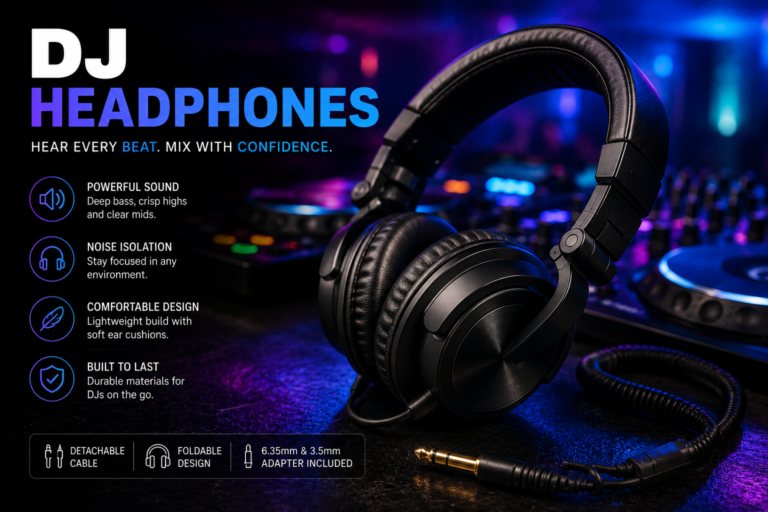 Professional DJ headphones with noise isolation and deep bass on a modern DJ setup with neon club lighting