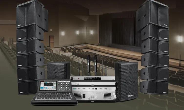 corporate event sound system setup with speakers and conference stage