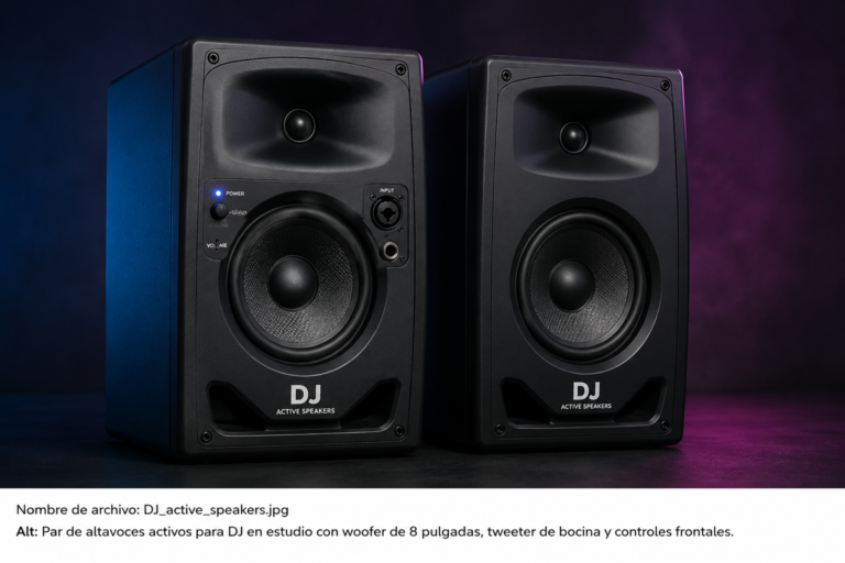 Alt: Par de altavoces activos para DJ con diseño profesional, woofer de gran potencia y luces ambientales en estudio oscuro.