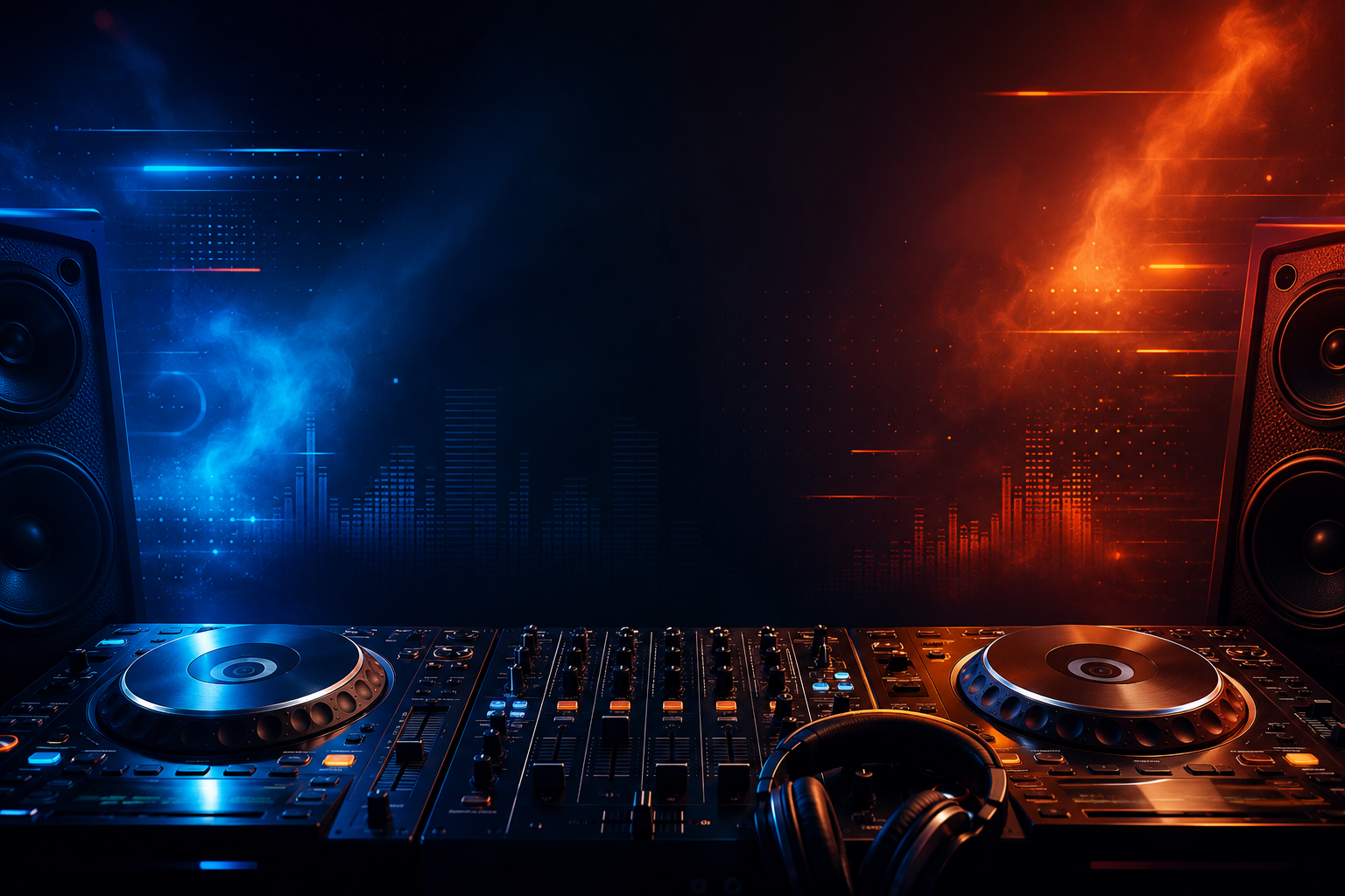 Professional DJ setup with mixer, turntables, speakers, and headphones in a futuristic nightclub atmosphere for DJ equipment comparison website.