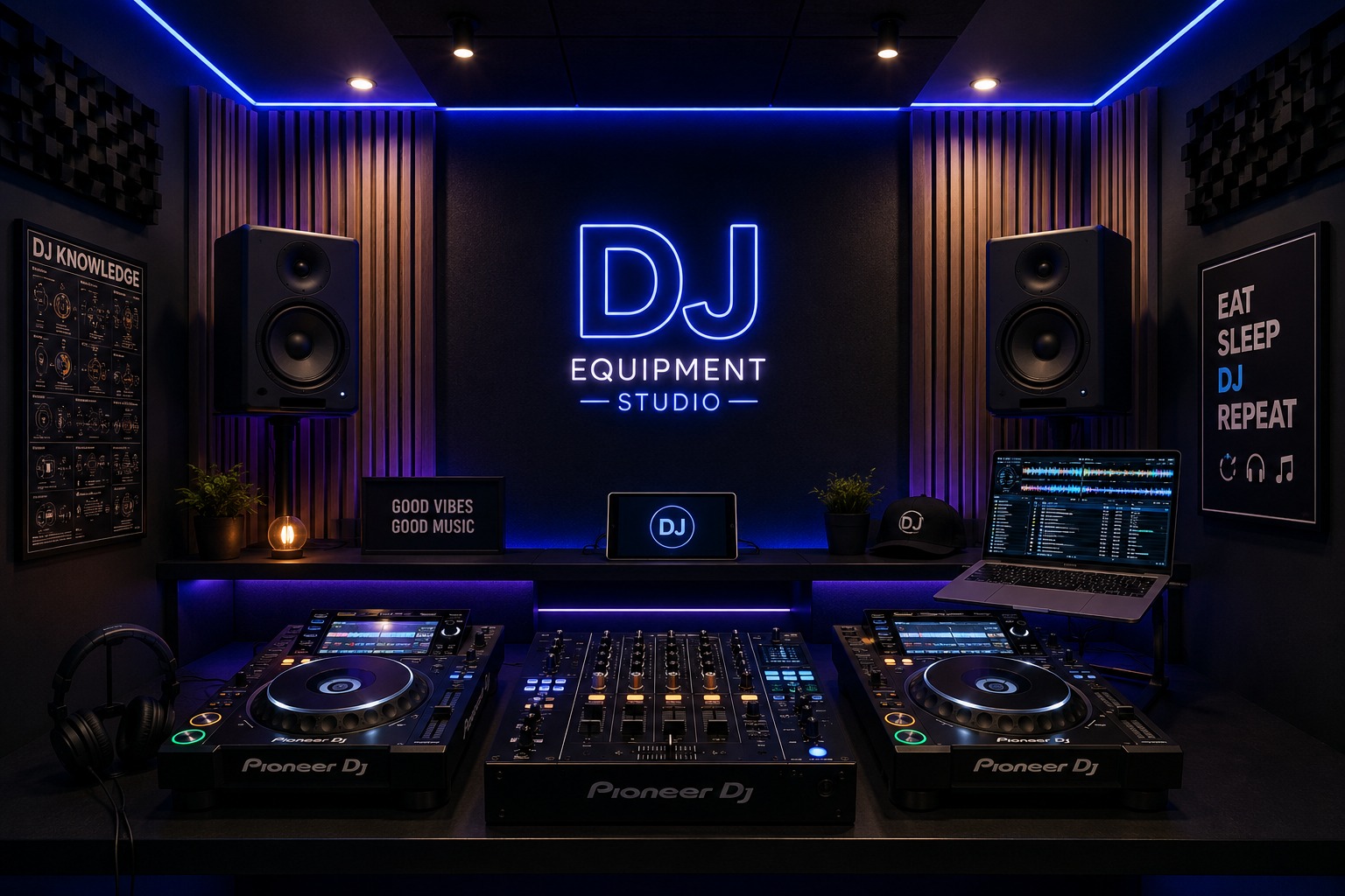 Professional DJ equipment studio setup with mixer, turntables and LED lighting in modern music production room