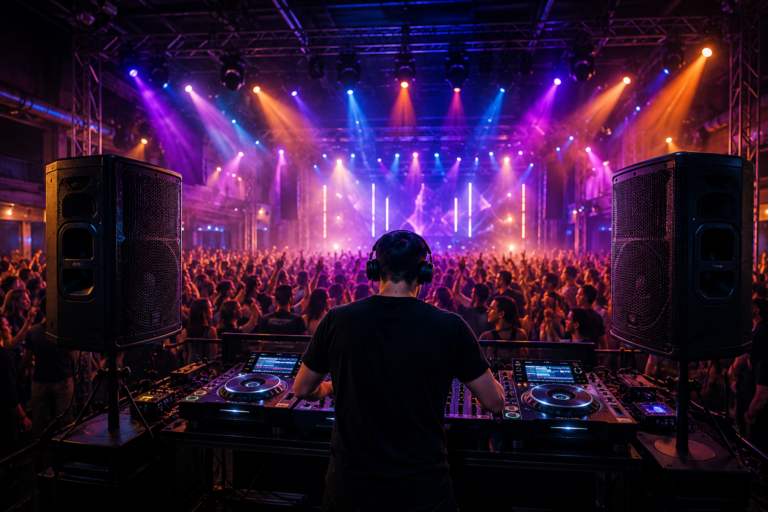 DJ party sound system setup with professional speakers and lighting