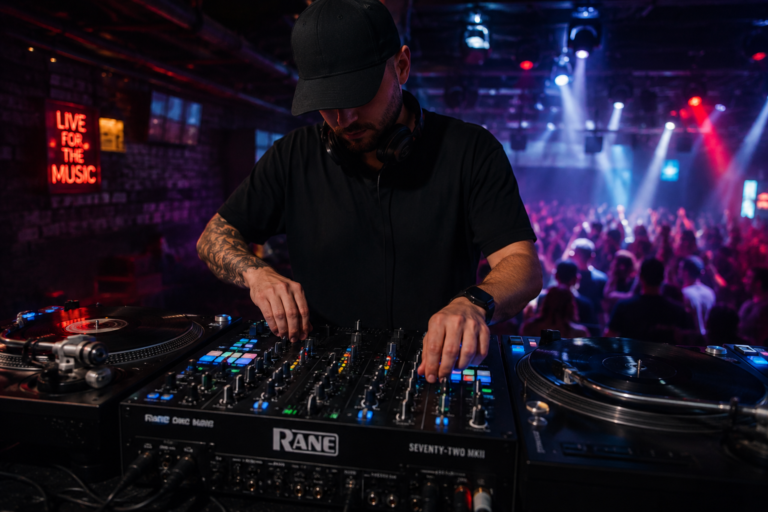 Professional DJ performing live with Rane Seventy-Two MKII mixer in a nightclub with colorful lights and crowd dancing in the background