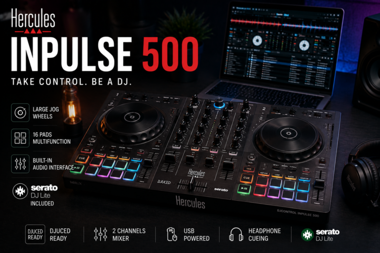 Hercules Inpulse 500 DJ controller with RGB performance pads and professional beginner DJ setup