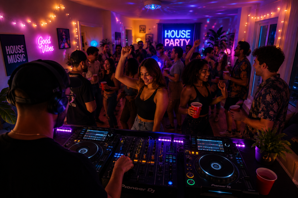 DJ performing at a vibrant house party with dancing people, colorful neon lights and professional DJ equipment setup