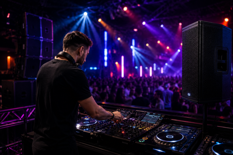DJ adjusting a professional sound system for a party event