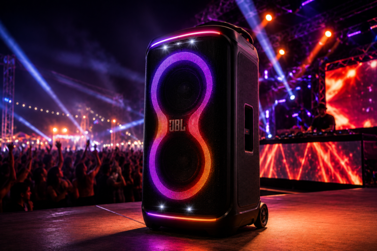 JBL PartyBox 720 speaker at a large outdoor DJ event