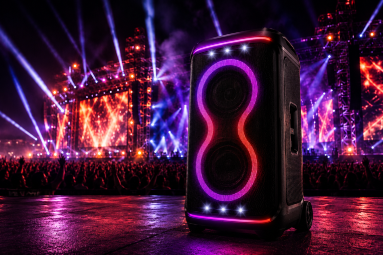 JBL PartyBox Ultimate speaker at a large EDM festival event