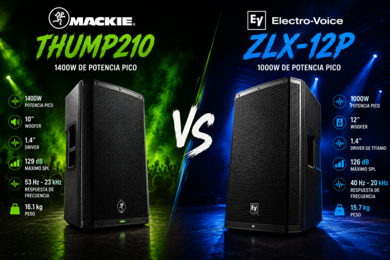 Mackie Thump210 vs Electro-Voice ZLX-12P powered PA speaker comparison with neon concert background and DJ party atmosphere