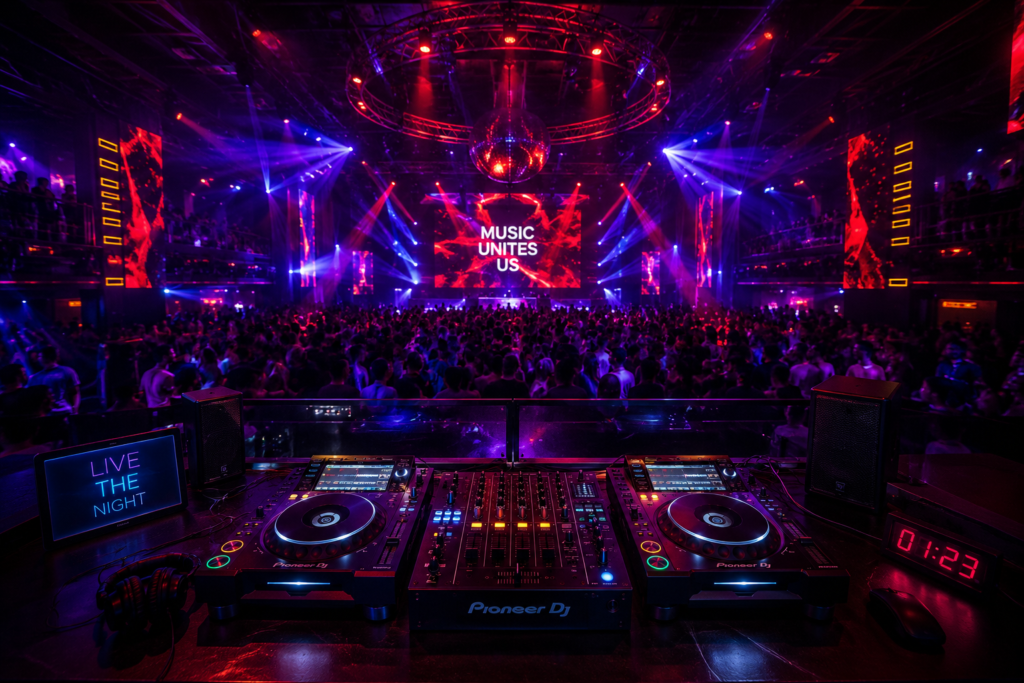 Professional nightclub DJ stage with colorful party lights, crowd atmosphere and high-end DJ equipment during live music performance