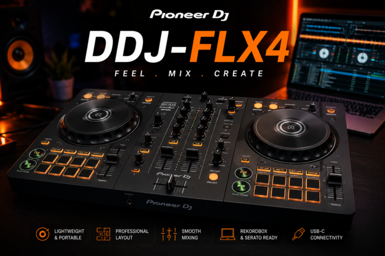 Pioneer DDJ-FLX4 beginner DJ controller with professional mixing setup and Rekordbox software in studio environment