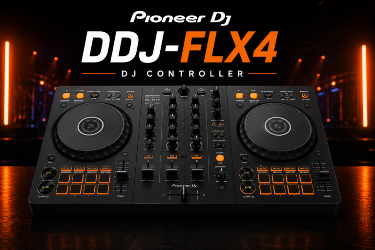 **File name:** pioneer-ddj-flx4-controller.webp **Alt text:** Pioneer DDJ-FLX4 DJ controller with performance pads and mixer controls in a modern nightclub DJ setup.