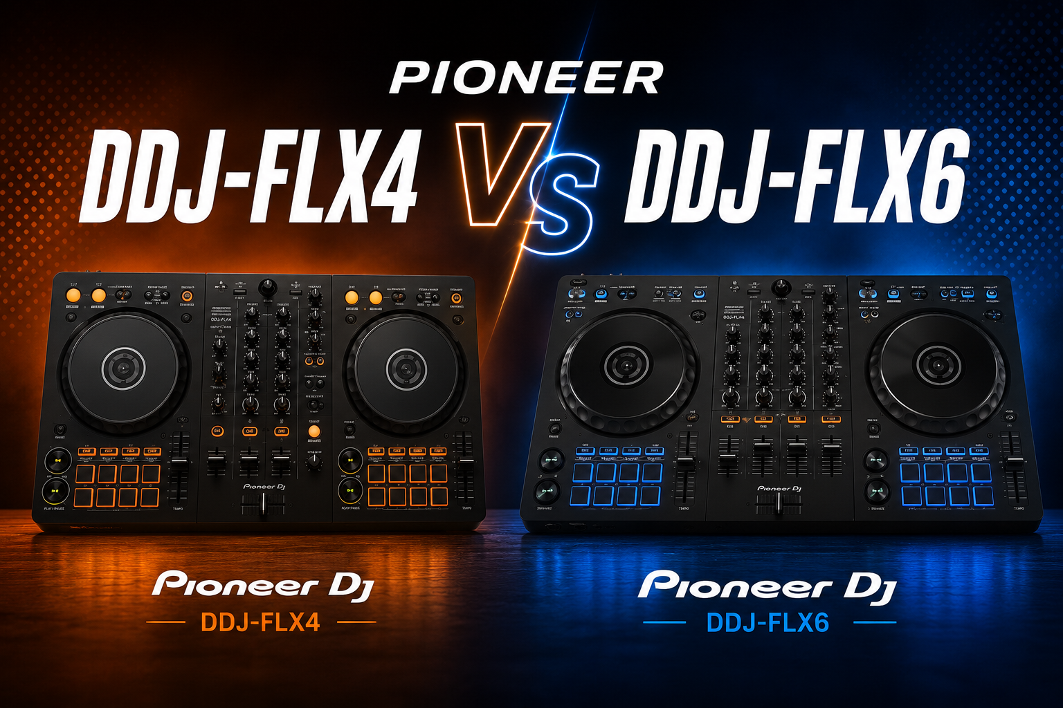 **File name:** pioneer-ddj-flx4-vs-ddj-flx6-comparison.webp **Alt text:** Comparison between Pioneer DDJ-FLX4 and DDJ-FLX6 DJ controllers showing features, channels, performance pads, and ideal DJ skill levels in a professional infographic design.