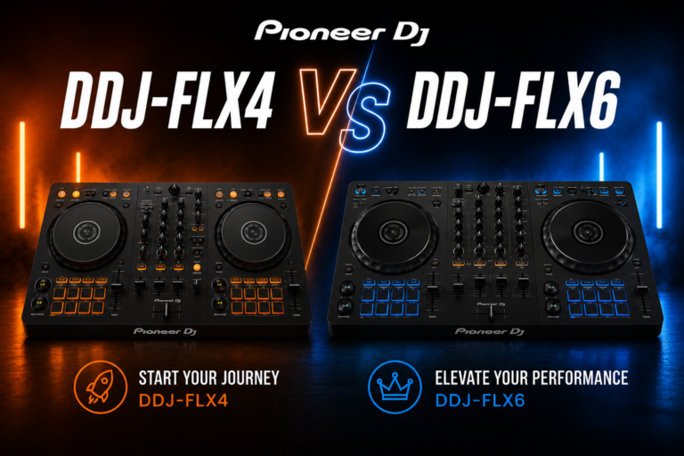 **File name:** pioneer-ddj-flx4-vs-ddj-flx6-dj-controller-comparison.webp **Alt text:** Pioneer DDJ-FLX4 vs DDJ-FLX6 DJ controller comparison with dual-color lighting and professional club-style background.
