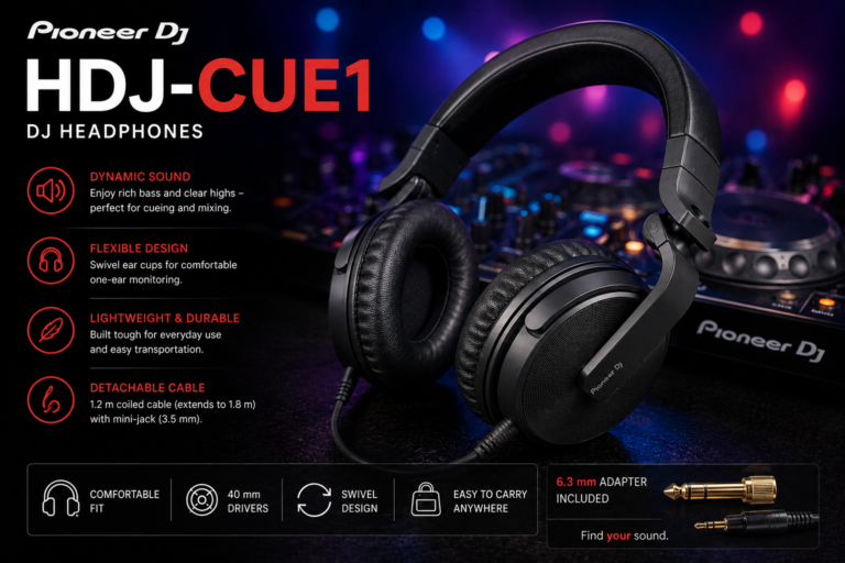 Pioneer DJ HDJ-CUE1 over-ear DJ headphones with detachable cable and professional club mixing setup