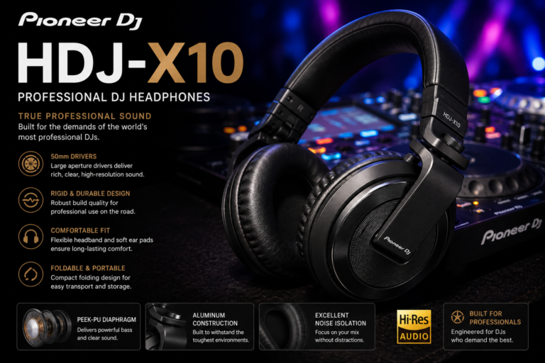 Pioneer DJ HDJ-X10 professional over-ear DJ headphones with premium sound quality in a modern club studio setup