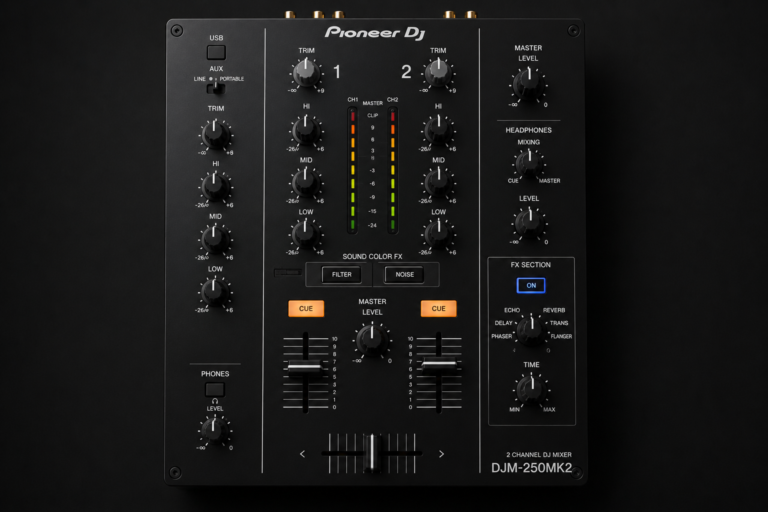Pioneer DJM-250MK2 two-channel DJ mixer isolated on dark background for professional DJ performance and club mixing setup