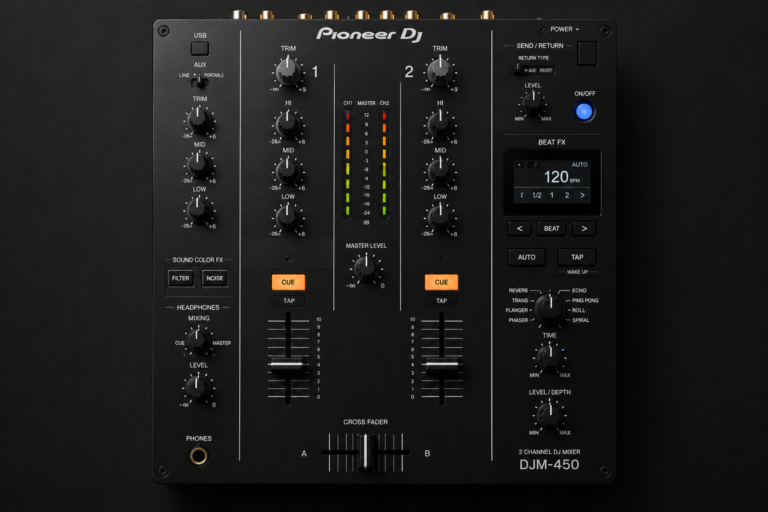 Pioneer DJM-450 professional 2-channel DJ mixer isolated on dark background with performance controls and beat effects for club DJs