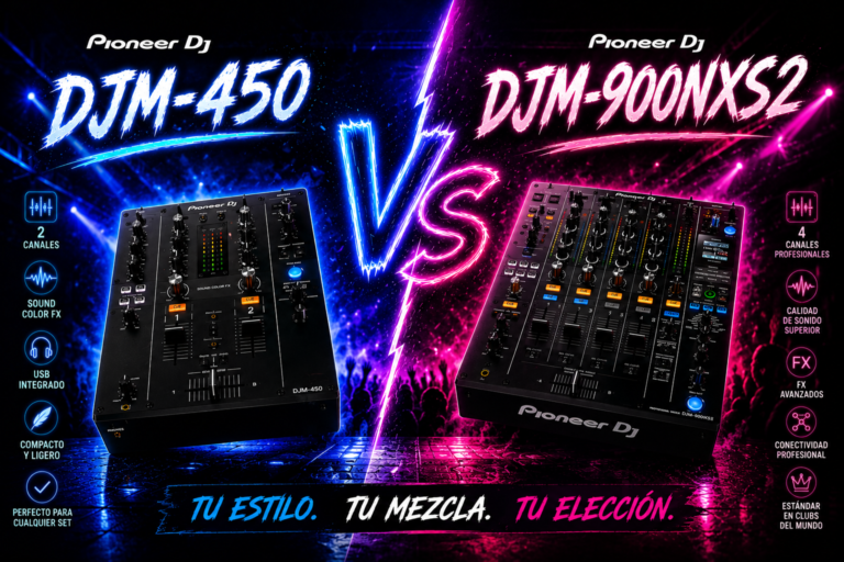 Pioneer DJM-450 vs DJM-900NXS2 professional DJ mixer comparison with neon nightclub background and electronic music party atmosphere