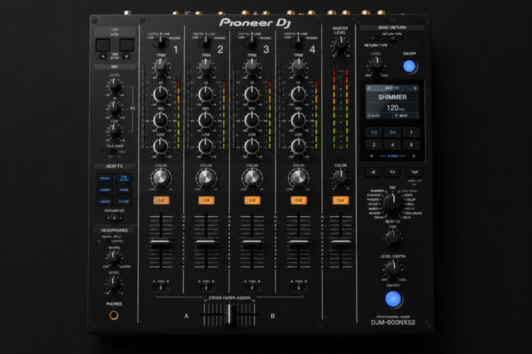 Pioneer DJM-900NXS2 professional DJ mixer isolated on dark background for club and electronic music setup