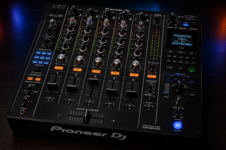Professional DJ mixer with illuminated controls in a modern nightclub and music production studio setup