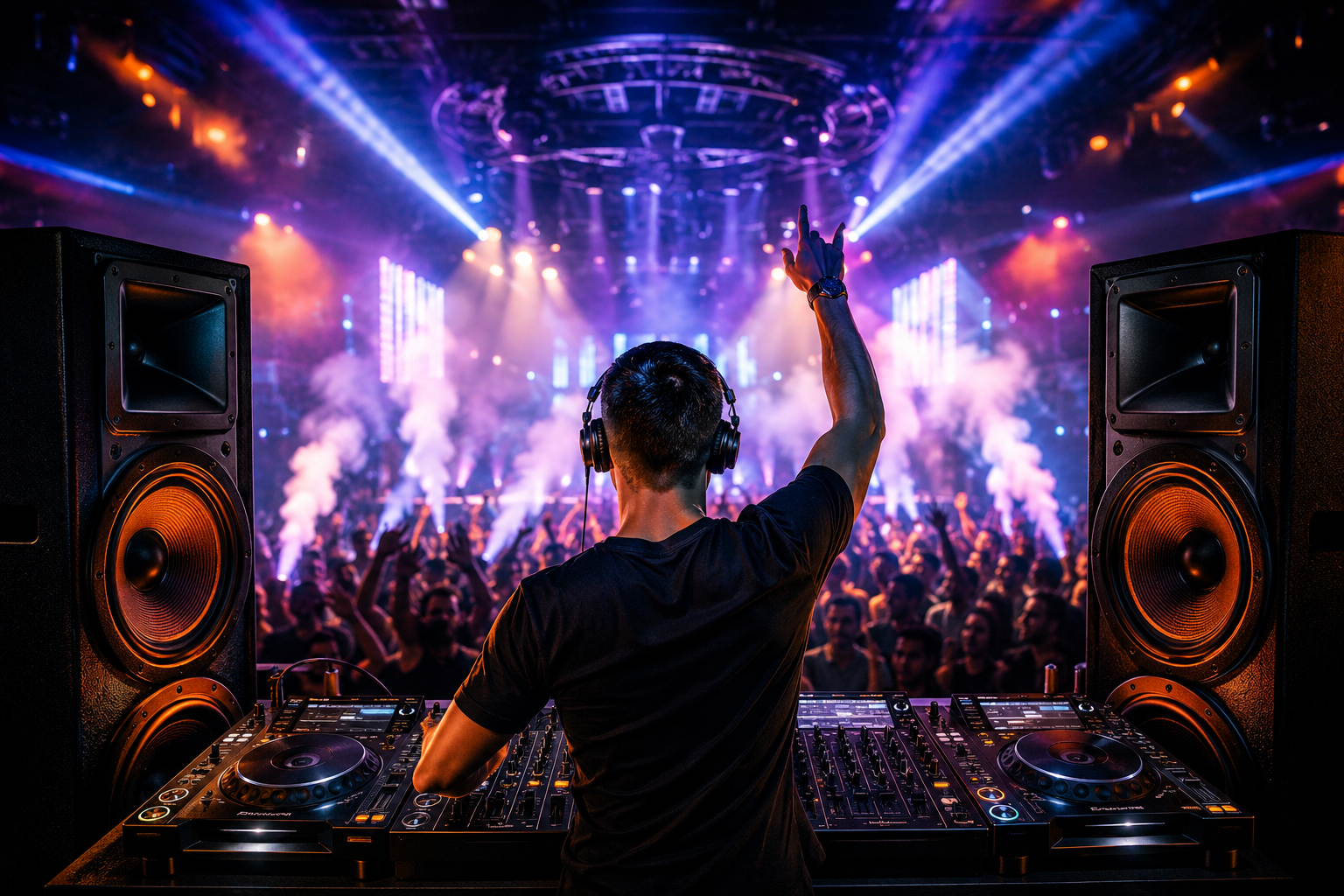 Professional DJ performing with large sound system at a nightclub event
