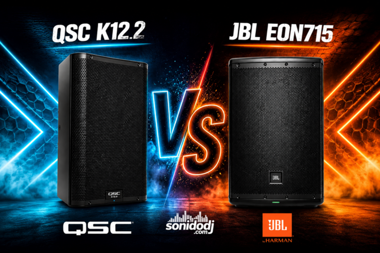 QSC K12.2 vs JBL EON715 powered PA speaker comparison with product images and brand logos