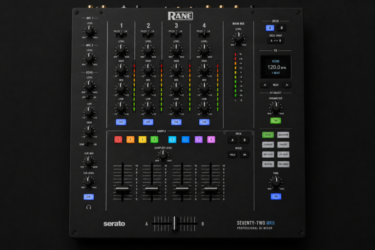 Rane Seventy-Two MKII professional DJ mixer isolated on dark background with performance pads and advanced controls for scratch and club DJs