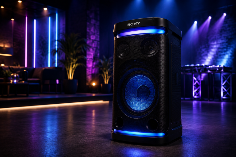 Premium Sony party speaker with LED lights in a modern DJ setup
