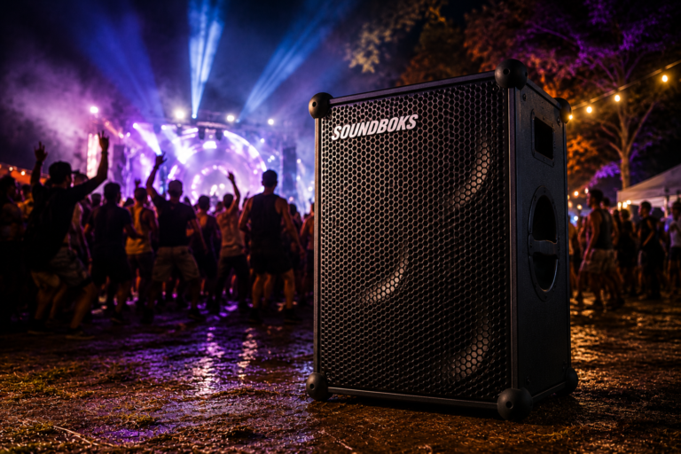 Soundboks speaker at an outdoor music festival with DJ lights