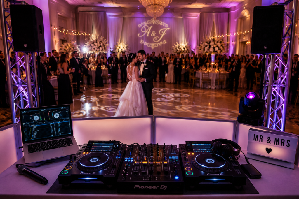 Elegant wedding DJ setup with professional sound equipment, lighting and decorated reception venue for a luxury party celebration