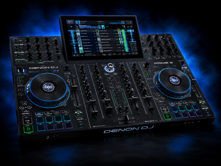 Denon DJ Prime 2 standalone DJ controller with 7-inch HD touchscreen, dual jog wheels, built-in Wi-Fi, Engine DJ operating system, and professional mixer, photographed in a professional studio with a dark background and subtle blue lighting. Professional standalone DJ controller for mobile DJs, weddings, clubs, live events, corporate functions, and digital music performance without a laptop.