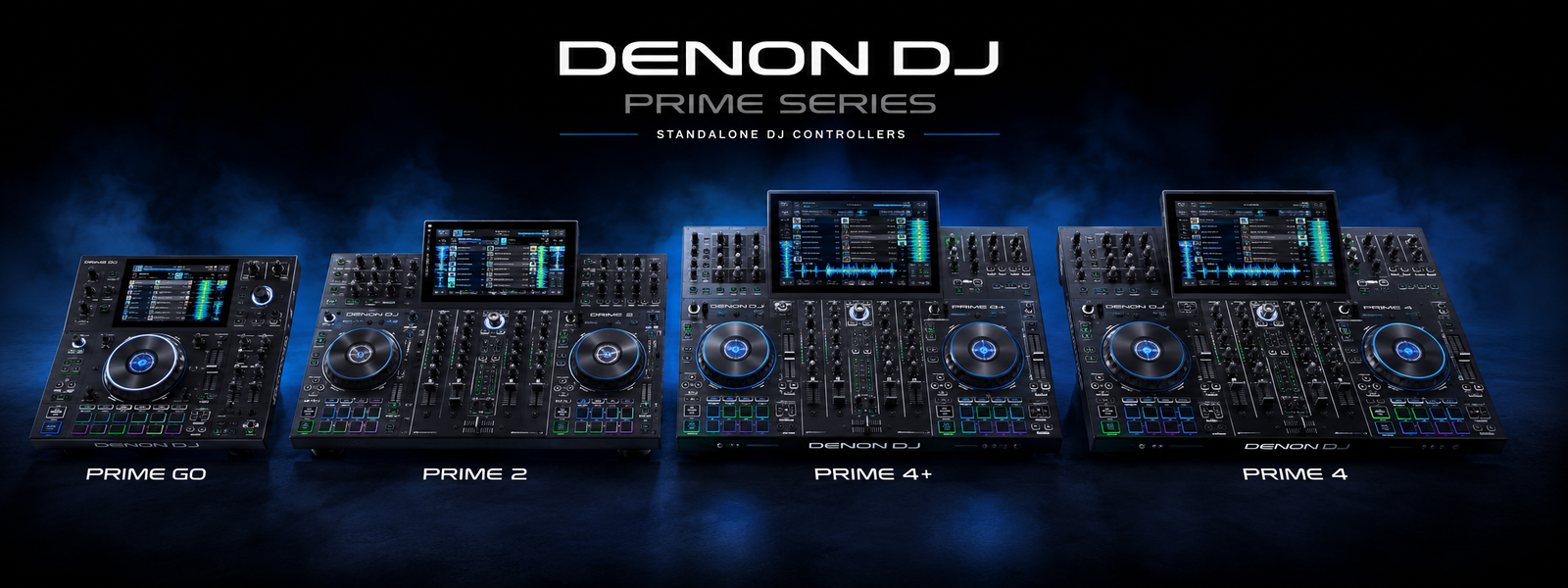 Denon DJ Prime Series standalone DJ controllers lineup featuring Prime GO, Prime 2, Prime 4+, and Prime 4 in a professional studio product photo with a dark background and subtle blue lighting. Premium standalone DJ systems with touchscreen displays for professional DJs, mobile DJs, club performances, weddings, live events, and advanced digital mixing.