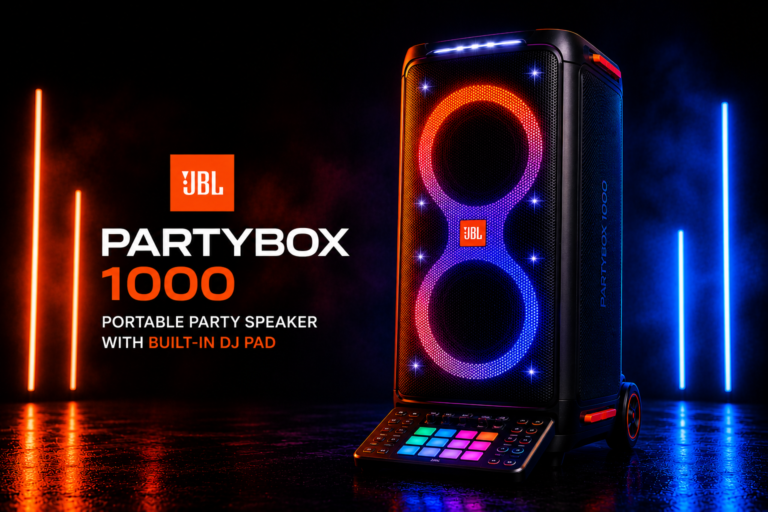 JBL PartyBox 1000 portable party speaker with built-in DJ pad on a dark background with blue and orange neon lighting, cinematic studio product photography.