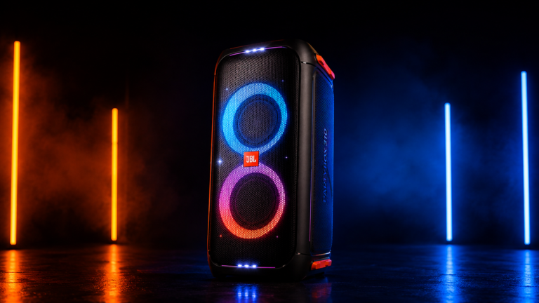 JBL PartyBox 310 portable party speaker on a dark background with blue and orange neon lighting, cinematic studio product photography.