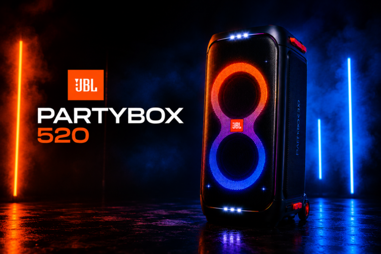 JBL PartyBox 520 portable party speaker on a dark background with blue and orange neon lighting, cinematic studio product photography.