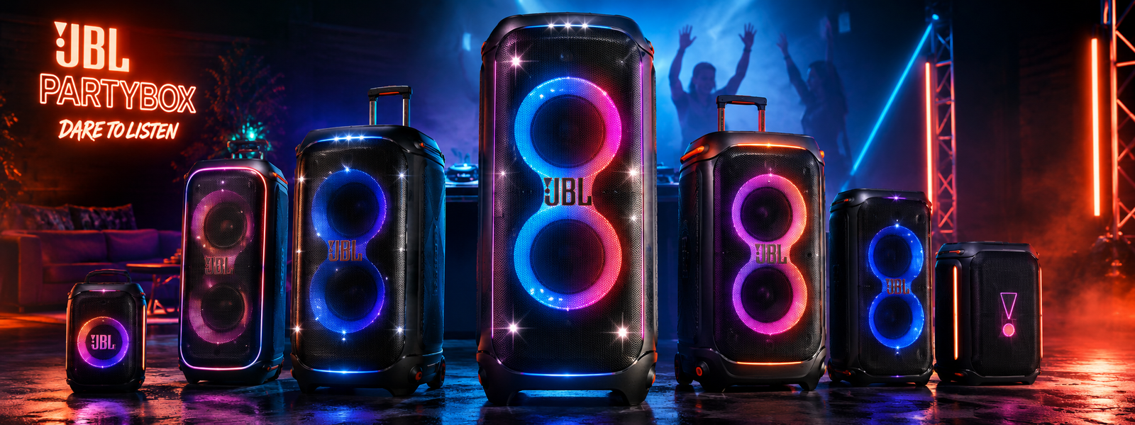 Full lineup of JBL PartyBox portable party speakers with LED lighting in a dark DJ atmosphere, professional product photography with blue and orange neon lighting.