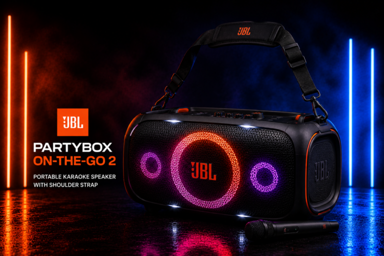 JBL PartyBox On-The-Go 2 portable karaoke speaker with shoulder strap on a dark background with blue and orange neon lighting, cinematic studio product photography.