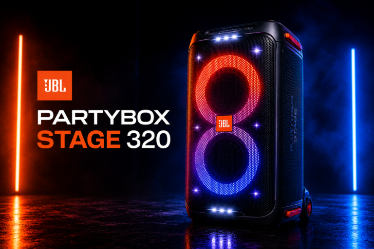 JBL PartyBox Stage 320 portable party speaker on a dark background with blue and orange neon lighting, cinematic studio product photography.