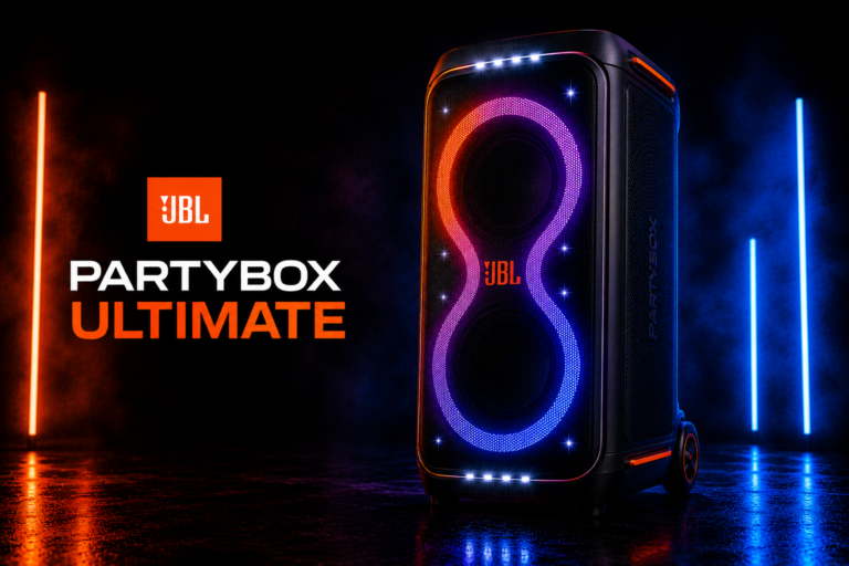 JBL PartyBox Ultimate portable party speaker on a dark background with blue and orange neon lighting, cinematic studio product photography.