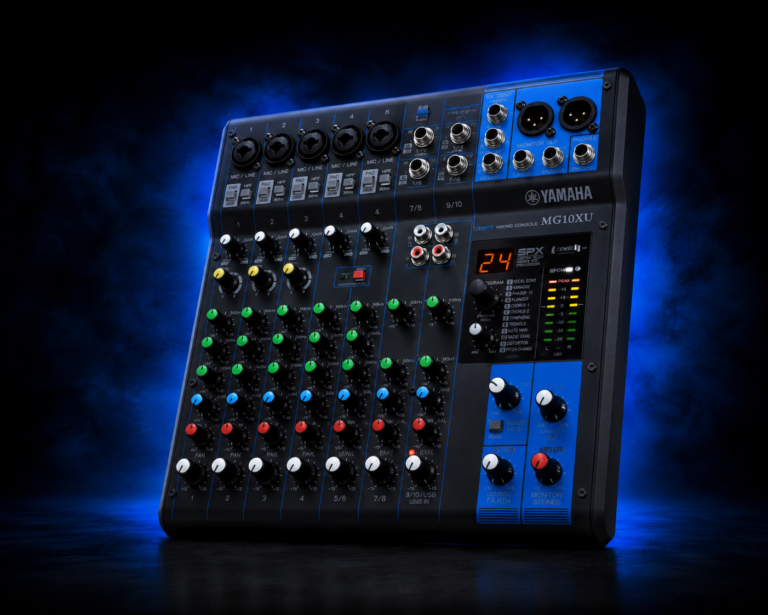 Yamaha MG10XU 10-channel analog audio mixer with USB audio interface, SPX digital effects, D-PRE microphone preamps, phantom power, and XLR inputs, photographed in a professional studio with a dark background and subtle blue lighting. Professional mixing console for podcasts, live sound, DJs, home recording studios, streaming, churches, bands, and corporate audio applications.