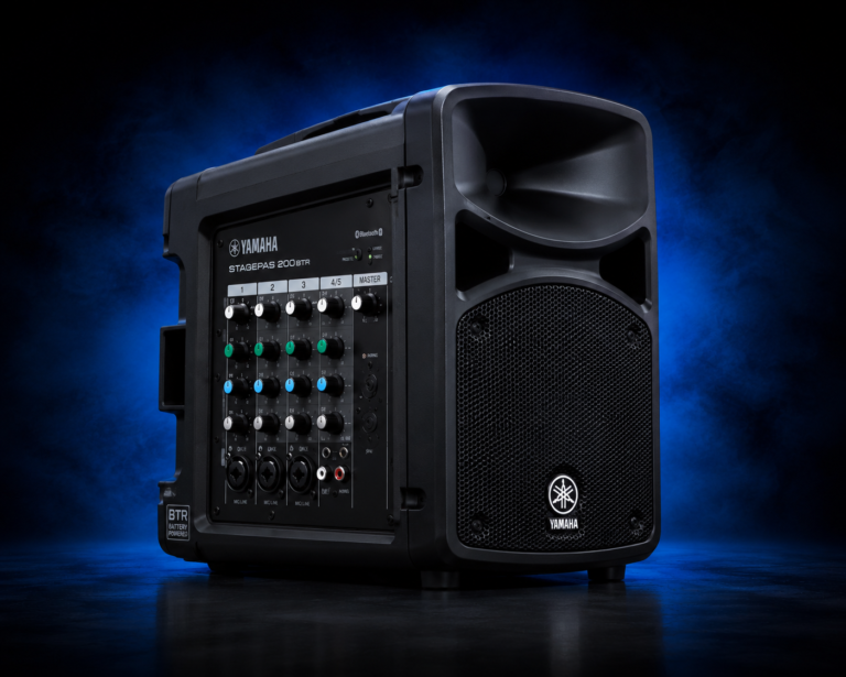 Yamaha STAGEPAS 200BTR battery-powered portable PA speaker with integrated digital mixer and rechargeable battery, photographed in a professional studio with a dark background and subtle blue lighting. Compact portable sound system for DJs, live music, karaoke, busking, corporate presentations, weddings, outdoor events, and public speaking with premium Yamaha audio performance.