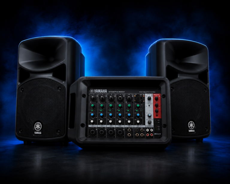 Yamaha STAGEPAS 600BT portable PA system with dual speakers, detachable powered mixer, and Bluetooth audio streaming, photographed in a professional studio with a dark background and subtle blue lighting. Portable sound system for DJs, live bands, karaoke, weddings, churches, corporate presentations, conferences, and small to medium-sized events with premium Yamaha sound quality.