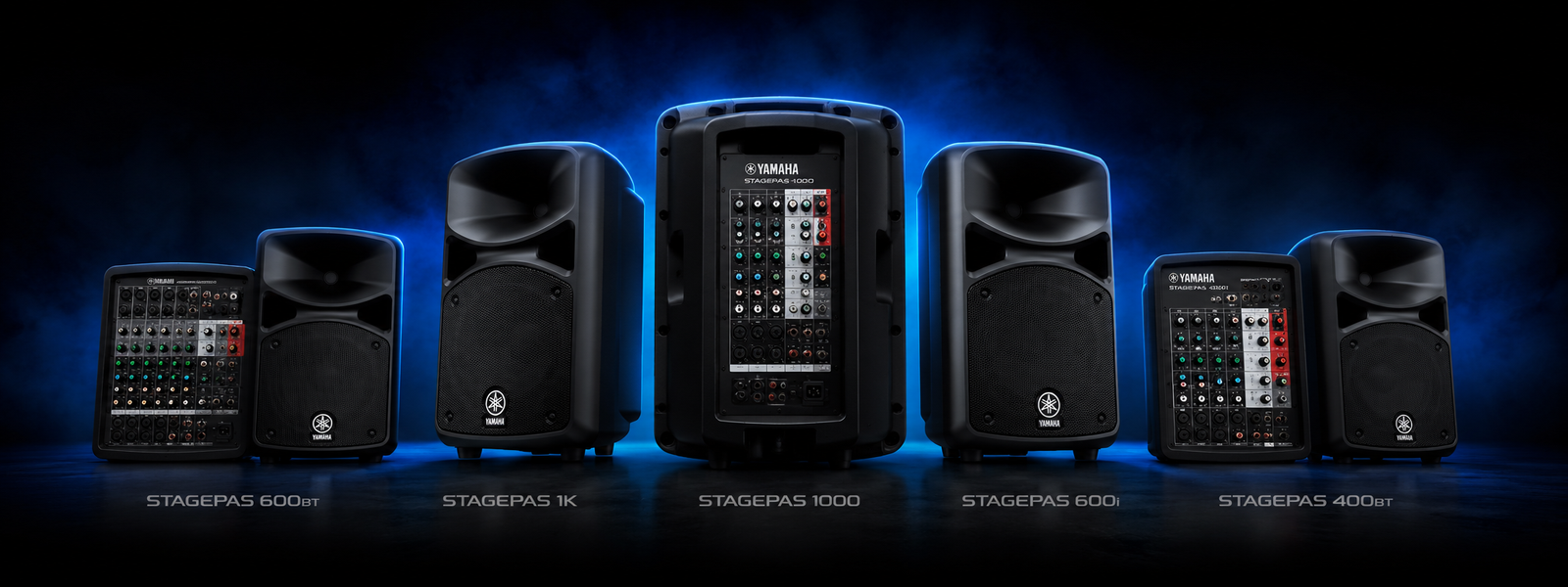 Yamaha STAGEPAS portable PA system lineup featuring STAGEPAS 400BT, 600BT, 600i, 1000, and 1K in a professional studio product photo with dark background and subtle blue lighting, ideal portable sound systems for DJs, live performances, events, presentations, and karaoke.