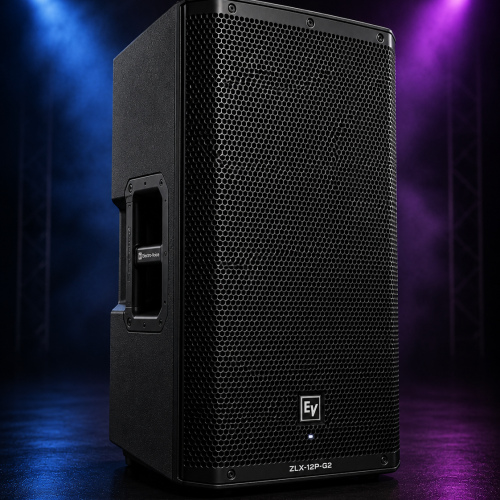 Electro-Voice ZLX-12P-G2 powered PA speaker with professional stage lighting and portable high-performance audio design for DJs and live sound events.