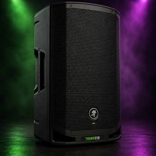 Mackie Thump210 powered PA speaker with professional stage lighting and rugged portable design for DJs and live events.