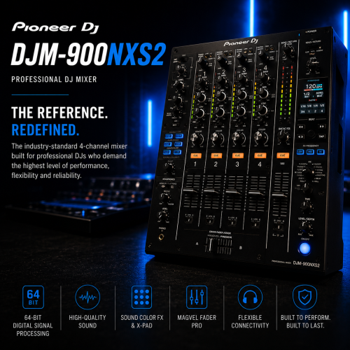 Pioneer DJM-900NXS2 professional 4-channel DJ mixer in a nightclub performance setup with colorful stage lighting.