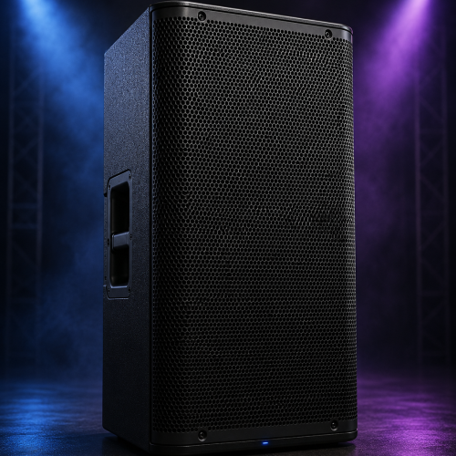 QSC K12.2 12-inch professional active speaker for DJs, live events, and stage sound with dramatic studio lighting