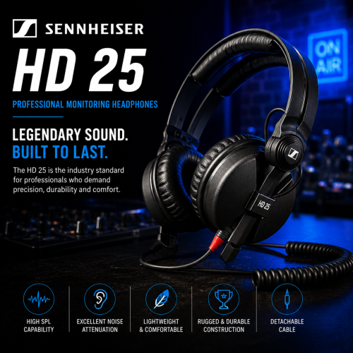 Sennheiser HD 25 professional DJ headphones in a studio monitoring setup with dramatic blue lighting.